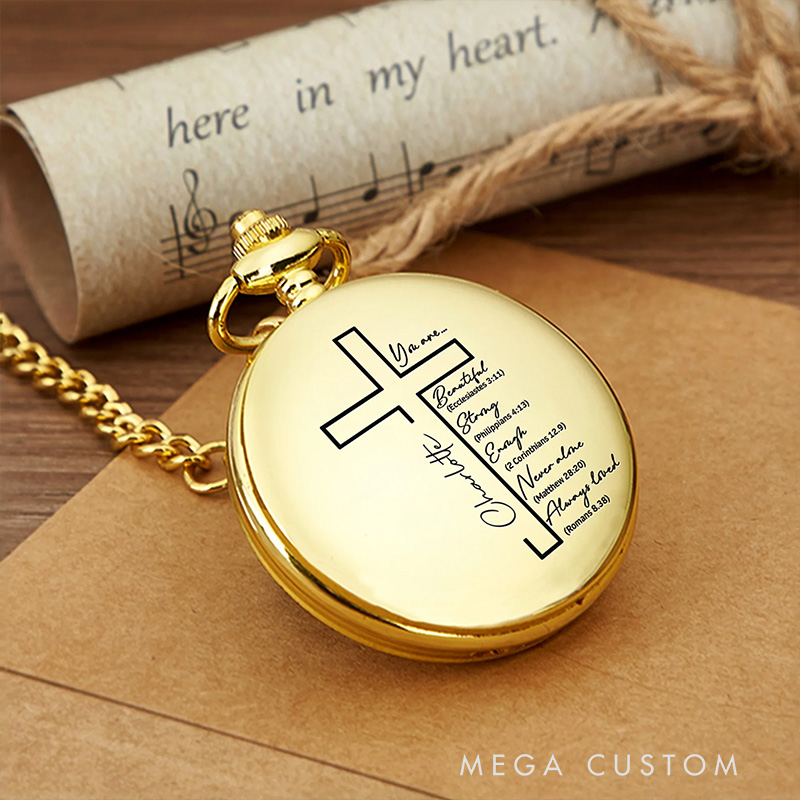 Personalized Bible Christian Cross Pocket Watch with Engraved Name Birthday Graduation Religious Gift for Christian Father Son