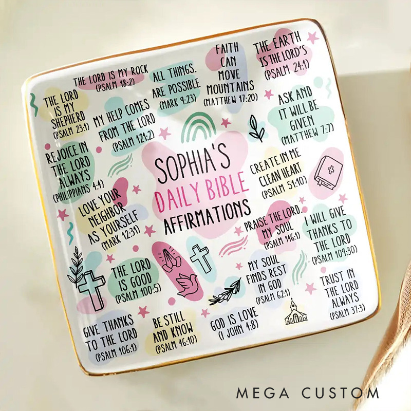 Personalized My Daily Bible Affirmations Ceramic Square Ring Dish with Name Religious Gift for Christians