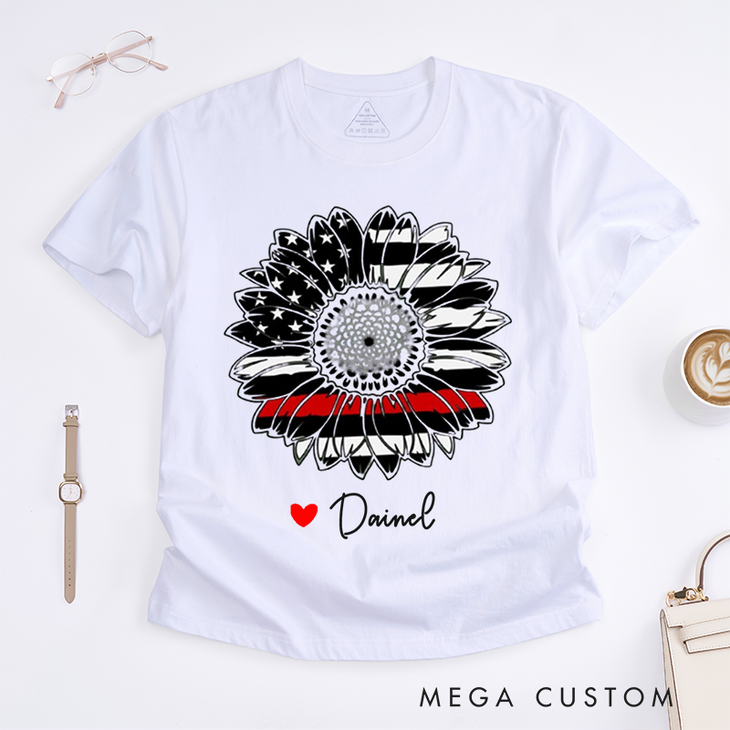 Personalized Firefighter Love and Firefighter Themed Sunflower Custom Design Gift for Firefighter Gift for Fireman Wife Girlfriend T-Shirt