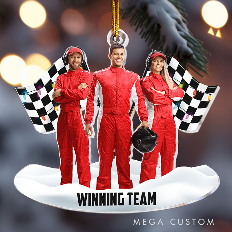 Personalized Racing Christmas Ornament Custom Photo and Name Acrylic Gift for Racers and Motorsport Lovers