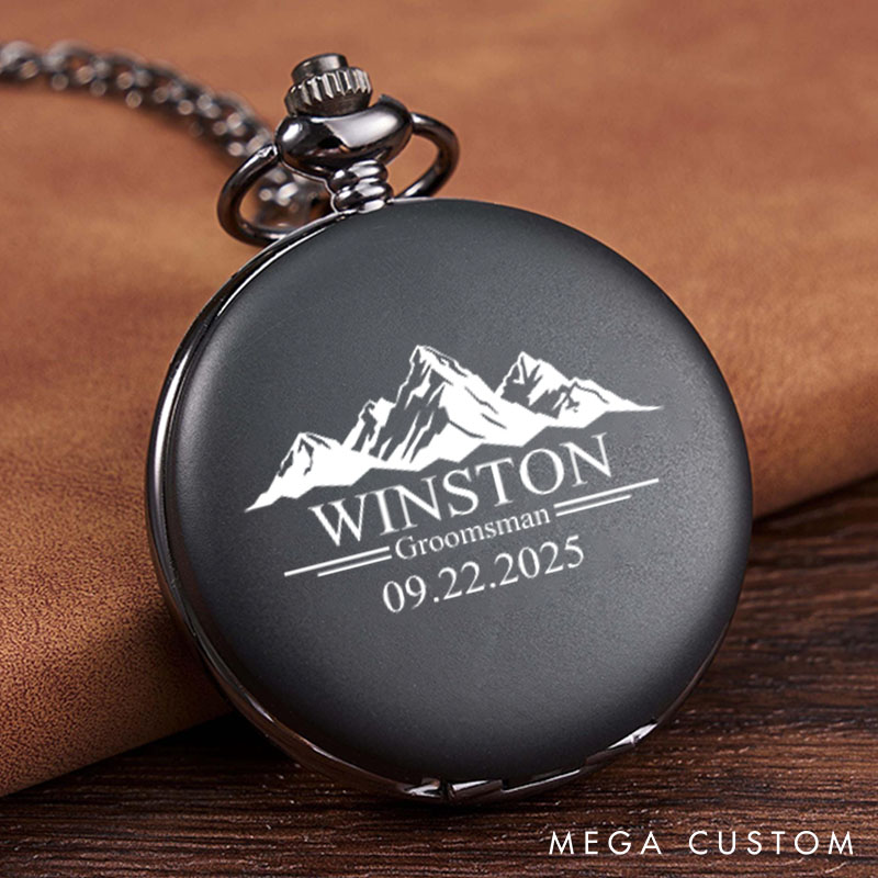 Personalized Pocket Watch with Chain Custom Perfect Gift for Best Man Mountain Design Pocket Watch for Groomsman Bachelor Party Gift