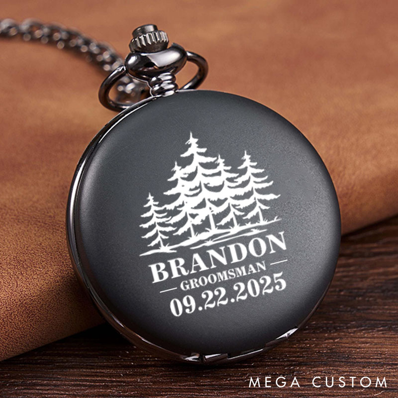 1.Personalized Groomsmen Pocket Watch Forest Wedding Party Pocket Watch Best Man Pocket Watch Unique Custom Bachelor Gift with Chain