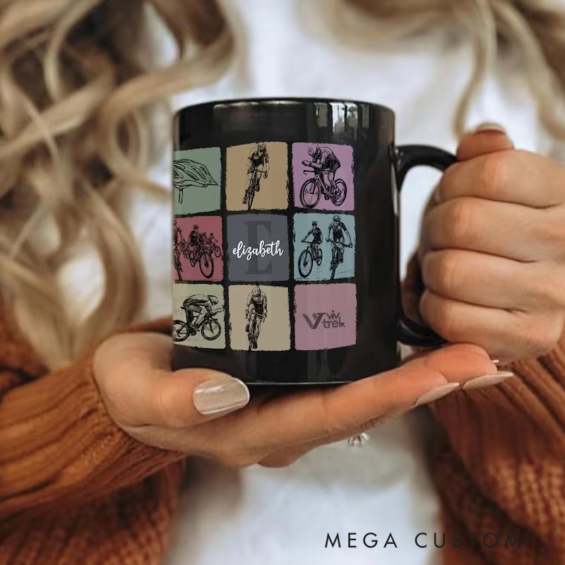 Personalized Cycling Custom Name Initial Mug Coffee Cup Gift for Cyclist Biker Drinkware Bicycle Lover Gift Sports Fitness Enthusiast Mug