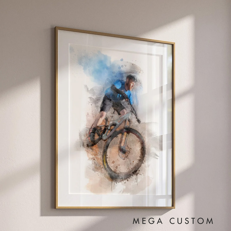 Personalized Mountain Biker Portrait Custom Bicycle Painting from Photo Cycling Poster Gift for Boyfriend Fathers Day Gift Sports Gift