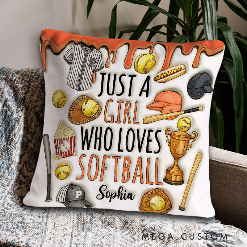 Personalized "Just a Girl Who Loves Softball" Throw Pillow with Sports Icons and Custom Name for Softball Enthusiasts   