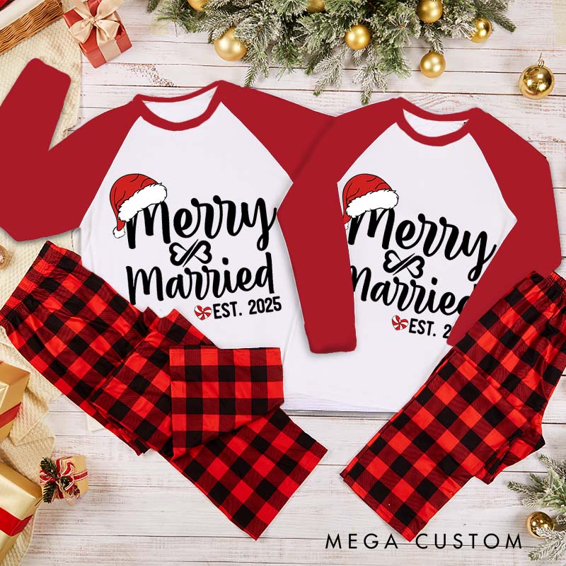 Personalized Couple Married and Merry with Santa Hat First Christmas Pajamas Custom Newlyweds Wedding First Christmas Matching Pjs for Husband Wife