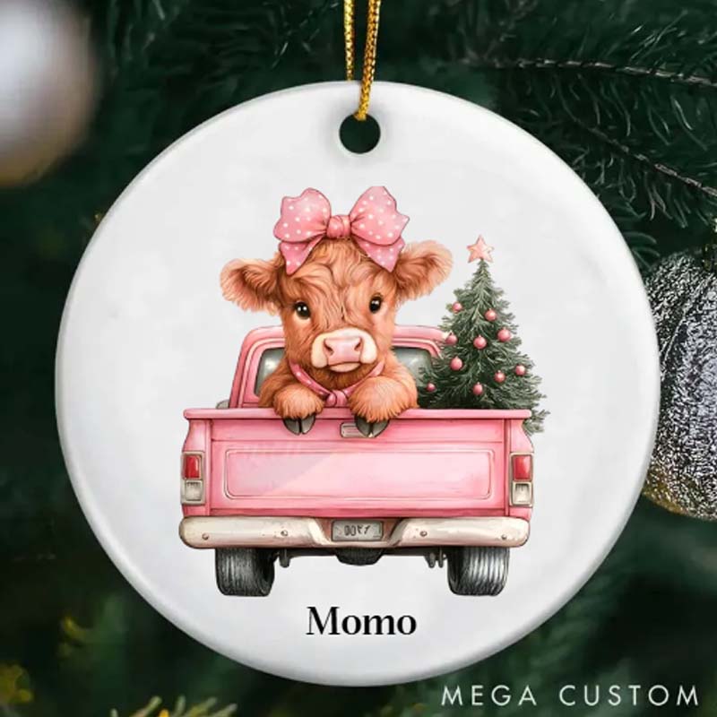 Personalized Pet Lover Pink Christmas Highland Cow Ornament