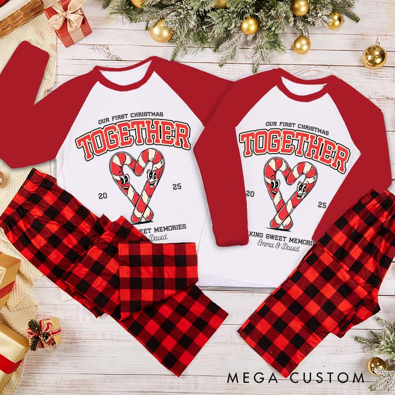 Personalized Couple Our First Christmas Making Sweet Memories Pajamas Custom Newlyweds Wedding Heart Candy Canes Xmas Matching Pjs for Husband Wife