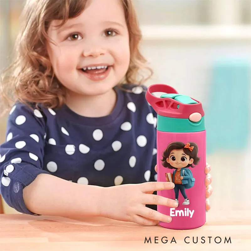Personalized Cute Cartoon Character Name 12 oz Insulated Water Bottle with Straw and Spill-Proof Lid Back to School Gift for Boys Girls