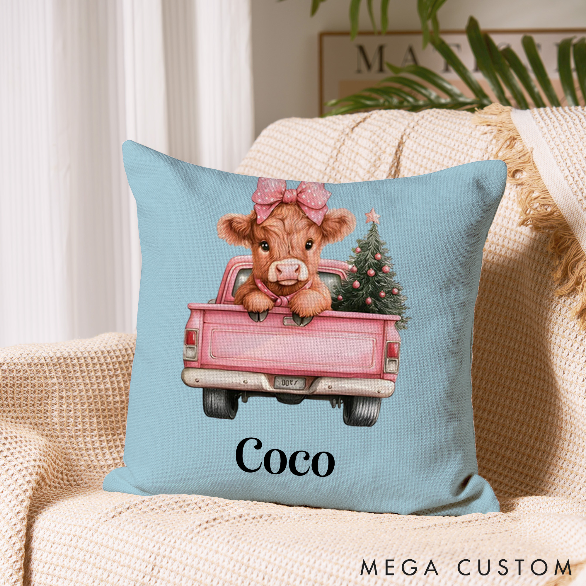 Personalized Pet Lover Pink Christmas Highland Cow Throw Pillows