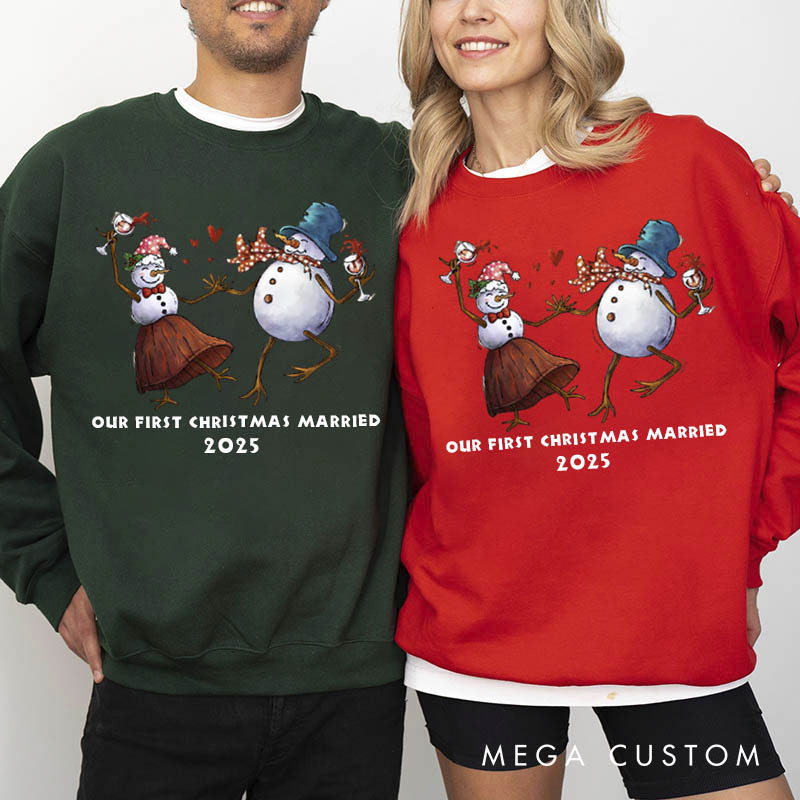 Personalized Our first Christmas Married Crewneck for Newlywed Couple Snowman Design Christmas Sweatshirt Couple Holiday Outfit