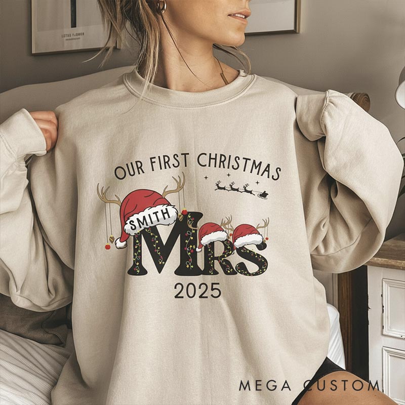 Personalized First Christmas as Mr and Mrs Crewneck for Newlywed Couple Snowman Design Christmas Sweatshirt Couple Holiday Matching Outfit