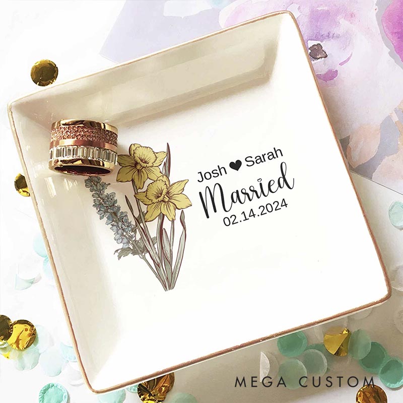 Personalized Wedding Married Date Custom Name Birth Flower Square Ring Dish Engagement Floral Ring Dish Keepsake Gift