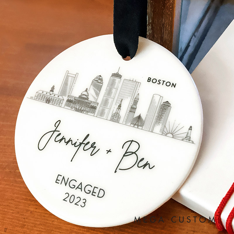 Personalized Couple City Skyline Engaged Ceramic Ornament Newlyweds Photo Married Ornament Our First Christmas Ornament Wedding Bridal Shower Gift