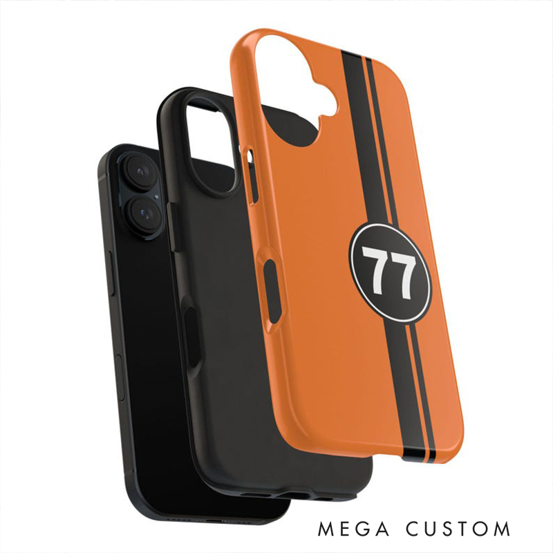 Personalized Racing Number Phone Case Custom Orange Stripe Design for Racers and Racing Lovers
