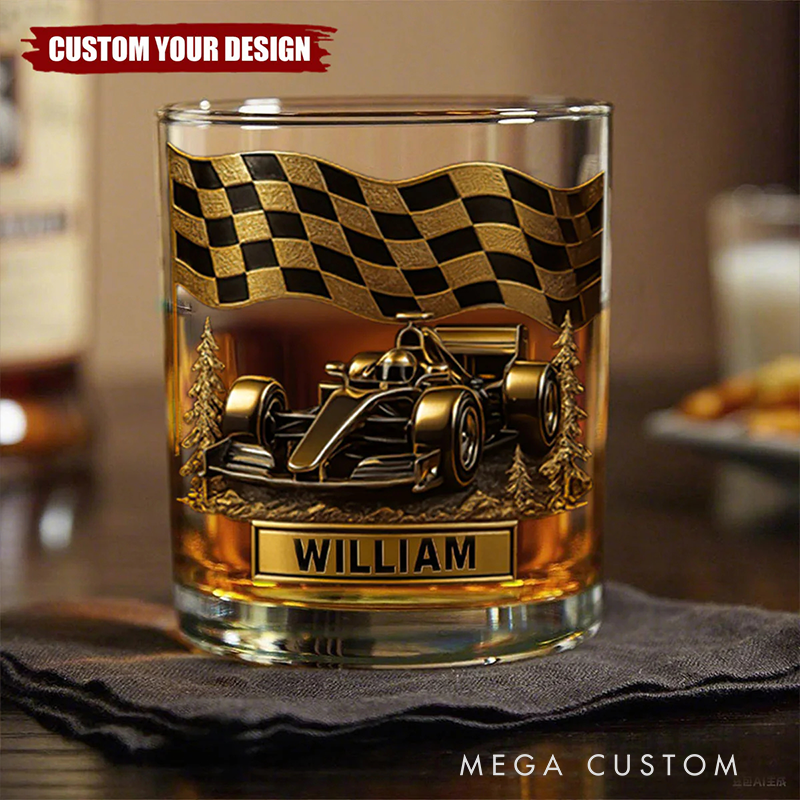 Personalized Racing Car Whiskey Glass Custom Name Design Rock Tumbler Gift for Racers and Racing Lovers