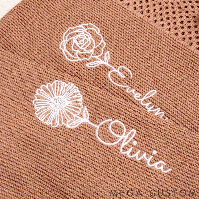 Personalized Retro Embroidered Birth Flower Crochet Mesh Tote Bag with Name Summer Beach Travel Birthday Gift for Women