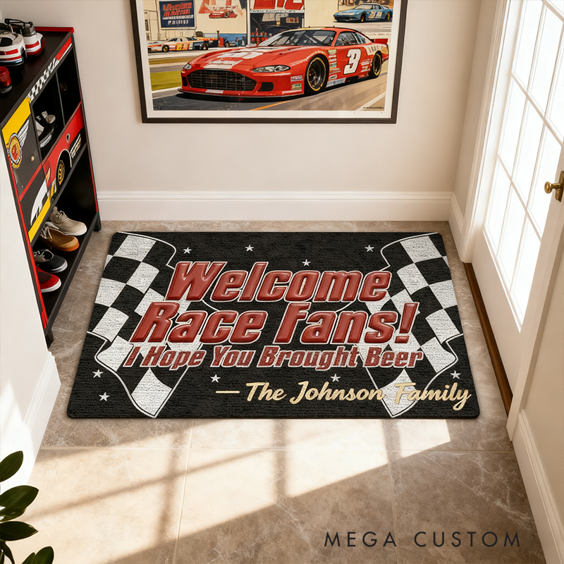 Personalized Welcome Race Fans Doormat Custom Family Name Racing Checkered Flag Design for Racers and Racing Lovers