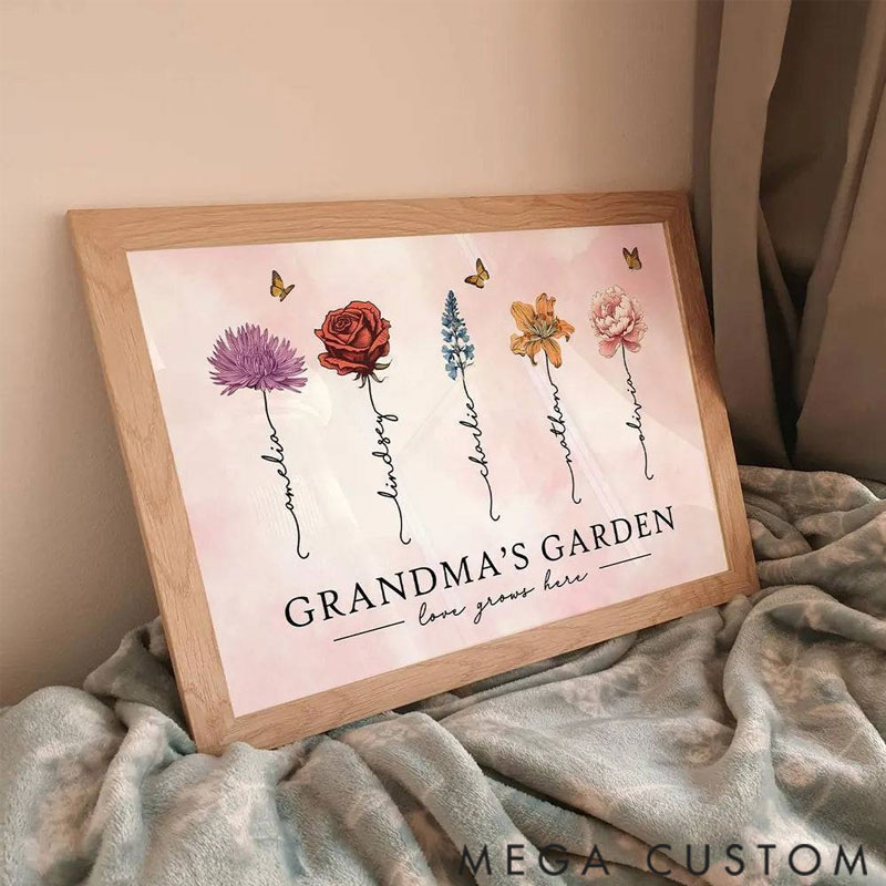 Personalized Grandma's Garden Love Grows Here Beautiful Birth Month Flower Gift For Grandma Mom Personalized Poster 