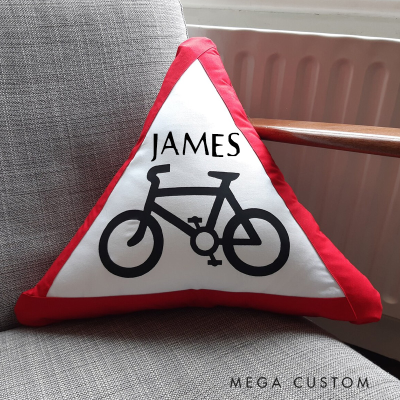 Personalized Cycling Pillow Bicycle Road Sign Cushion Gift for Bicycle Enthusiast