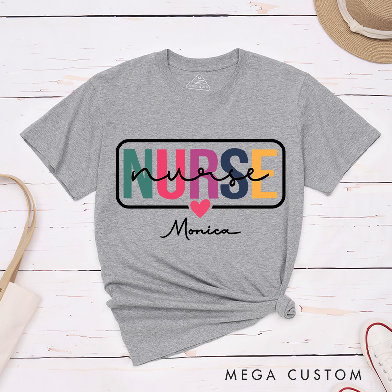 Personalized Nurse T-Shirts Colorful Care Nurse with Heart Fashion Design T-Shirts