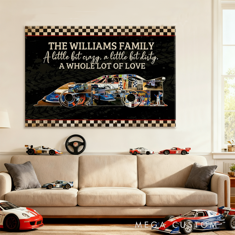 Personalized Racing Family Poster Custom Name and Photos Race Car Shape Wall Art Gift for Dirt Track and Racing Lovers