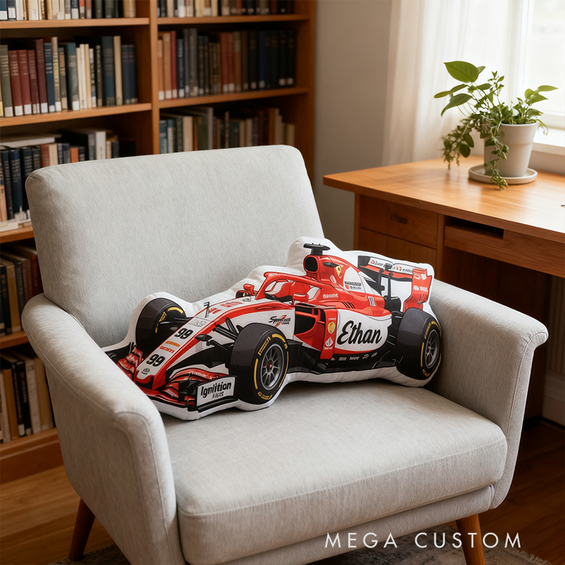 Personalized Race Car Shaped Throw Pillow Custom Name and Color Decorative Cushion Gift for Car Lovers and Racers