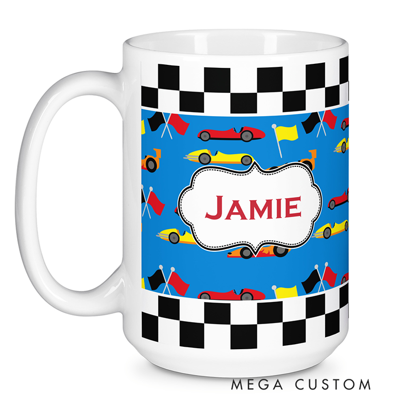 Personalized Ceramic Mug with Racing Car and Check Flag Design Gift for Racer and Racing Lovers