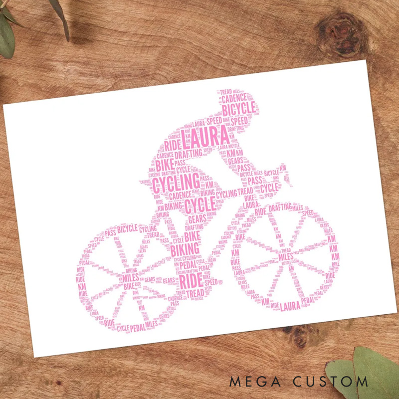 Personalized Biker Portrait Cyclist Word Art Print Bike Riding Bicycle Gifts Custom Wall Art Framed Picture Present for Cycling Lovers
