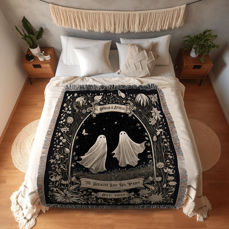 Personalized Couple 'Till Death Do Us Part' Ghost Gothic Wedding Blanket Custom Spooky Halloween Blanket Gifts for Couple His and Her Anniversary Gifts