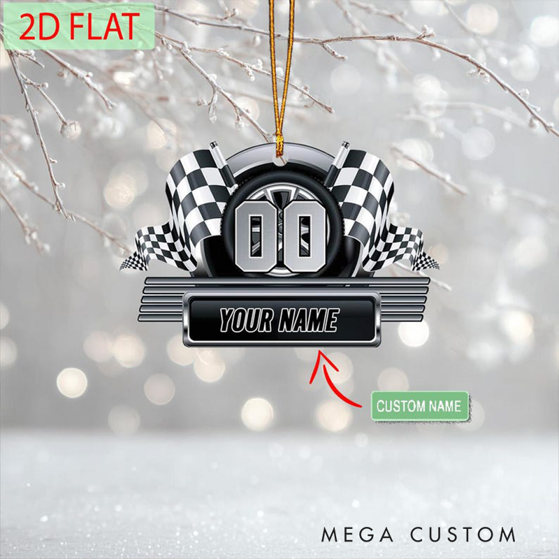 Personalized Racing Ornament Custom Name and Number Check Flag Christmas Decoration Gift for Car Lovers and Racers