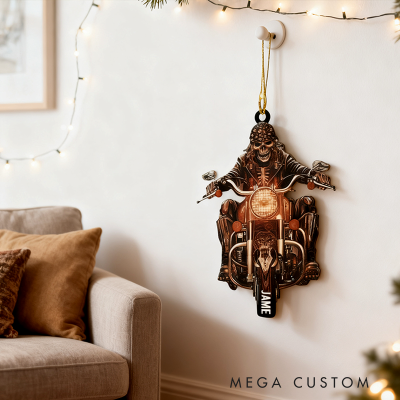 Personalized Skull Motorcycle Ornament Custom Name Biker Christmas Decoration Gift for Riders and Motorsports Lovers