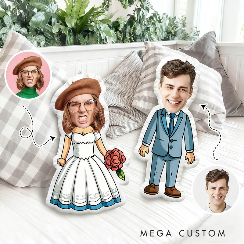Personalized Wedding Bride Groom Face Photo Pillow Newlyweds Couple Doll Cushion Bridal Party Bachelorette Party Gift First Christmas Married Pillow