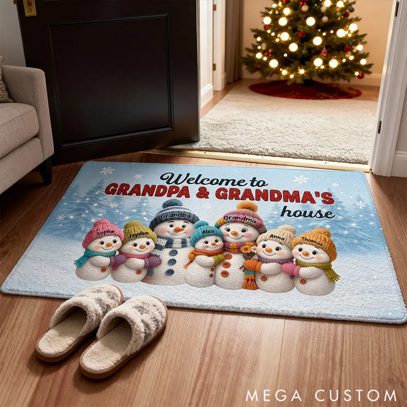 Personalized Christmas Grandma Grandpa Grandkids Snowman Together Doormat