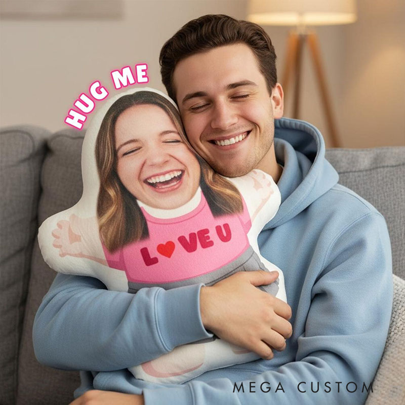 Personalized Couple Face Photo Pillow Custom Newlyweds Hug Me Doll Cushion Valentine's Day Gift for Husband Wife Boyfriend Girlfriend First Christmas
