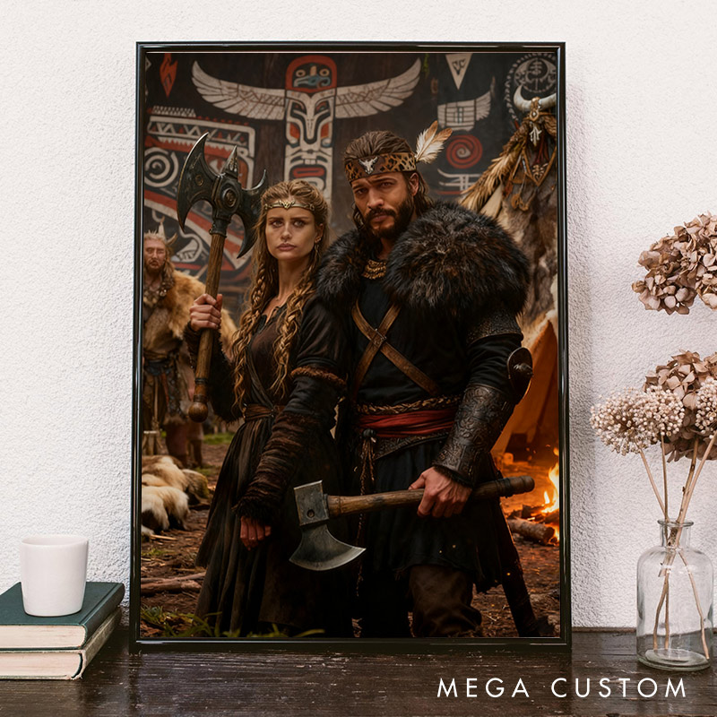 Personalized Custom Viking Couple Portrait Wall Art to Nordic Style Artwork Unique Gift or Home Décor