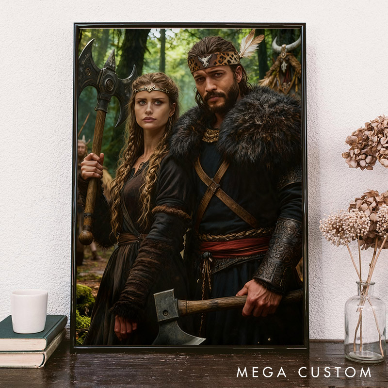 Personalized Custom Viking Couple Portrait Wall Art to Nordic Style Artwork Unique Gift or Home Décor