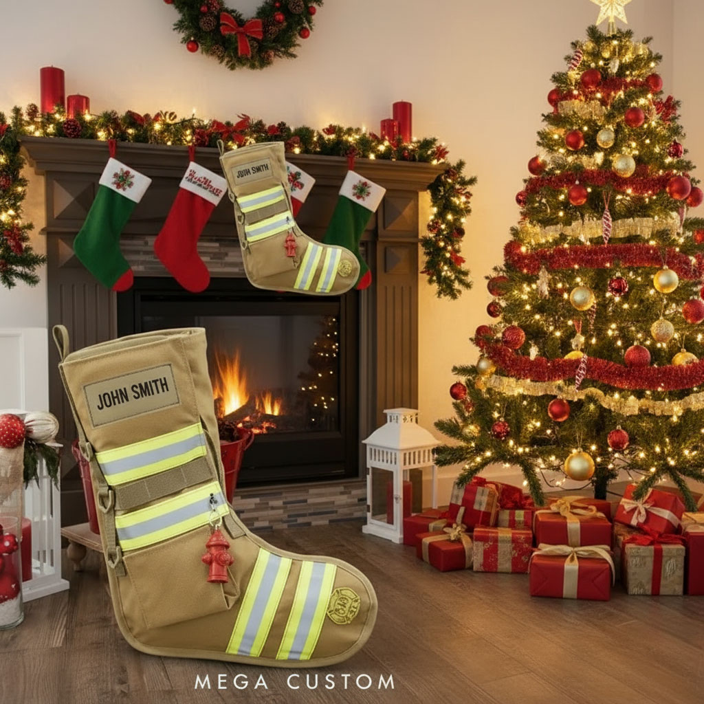 Personalized Firefighter Quilted Christmas Stocking with Reflective Stripes and Accessories