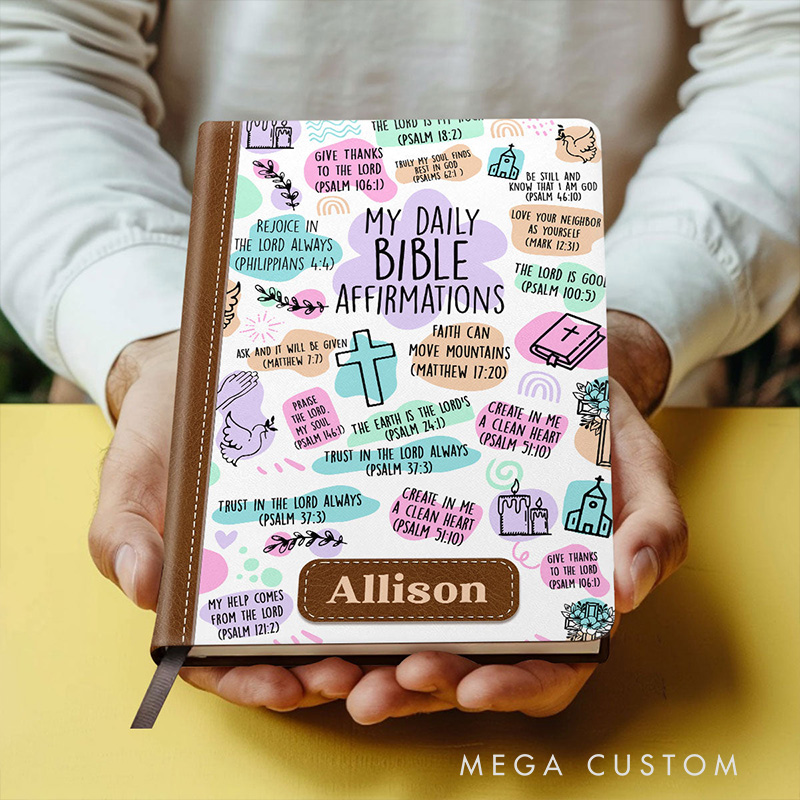Personalized My Daily Bible Affirmations Leather Cover Notebook with Name Bible Study Notes Religious Gift for Christians