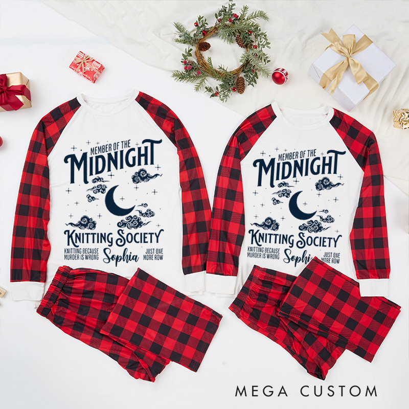 Personalized Knitting Christmas Pajama Sets Funny Christmas Pajama Sets Midnight Knitting Society Gift for Knitting Lovers