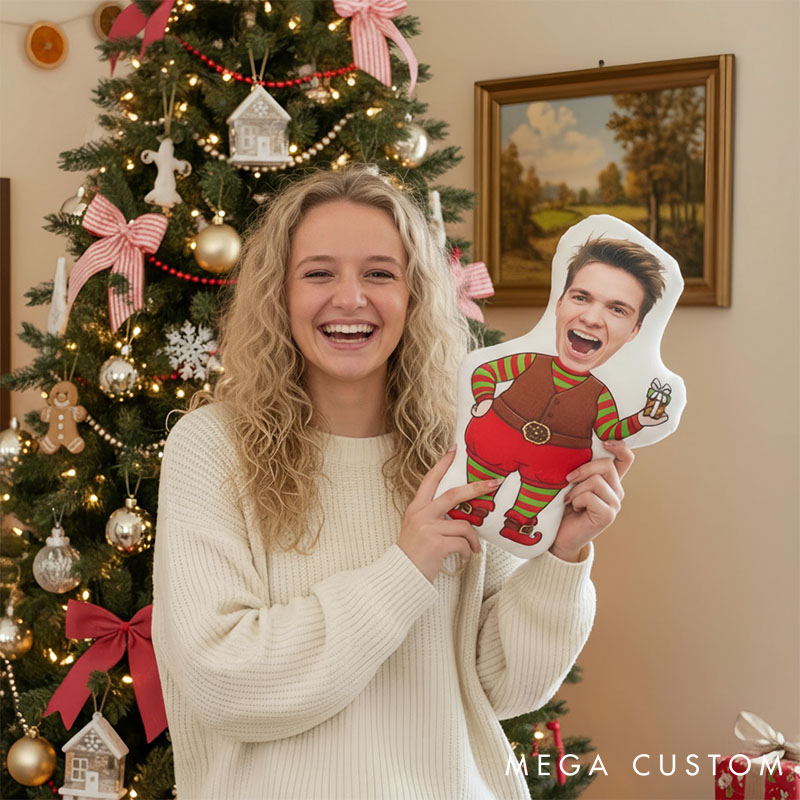Personalized Couple Face Photo Pillow Custom Elf Doll Face Pillow Christmas Couple Cushion for Her Birthday Gift for Him