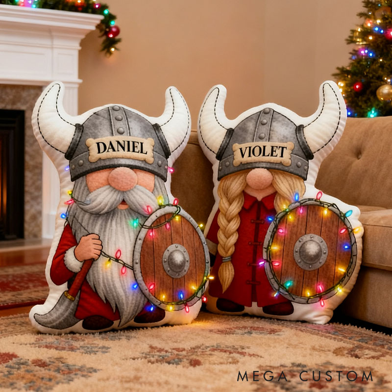 Personalized Couple Viking Gnome Christmas Pillow Custom Newlyweds Doll Cushion First Christmas Gift for Husband Wife Boyfriend Girlfriend