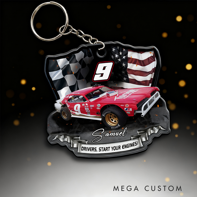 Personalized Dirt Track Racing Keychain Custom Car Photo Name and Number Start Your Engines Gift for Races and Car Lovers