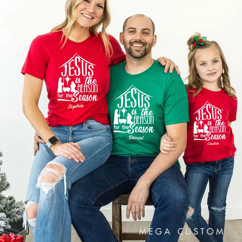 Personalized Nativity Scene Jesus is the reson for the season Family Matching Cotton T-Shirts with Name Religious Gift Christmas Gift for Christians