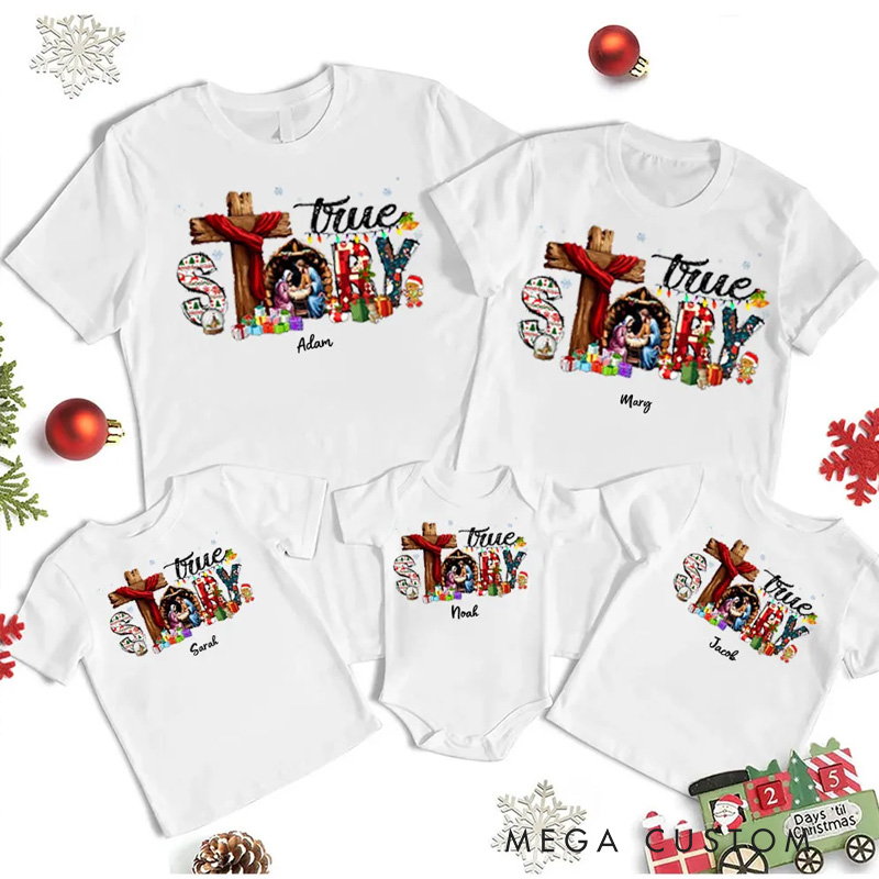 Personalized True Story Nativity Scene Family Matching Cotton T-Shirts with Name Christian Gift Christmas Gift for Family