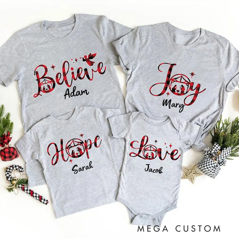 Personalized Nativity Scene Believe Joy Hope Love Family Matching Cotton T-Shirts with Name Christian Gift Christmas Gift for Family