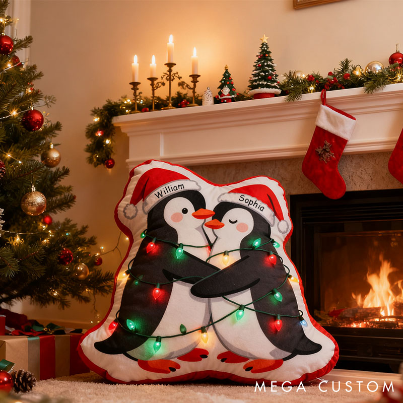Personalized Couple Christmas Penguin Pillow Custom Christmas Decor Pillow Penguin Pillow for Couple Xmas Gift Decor for Husband Wife