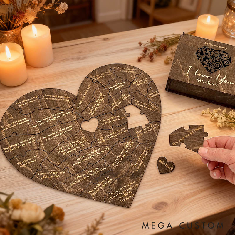 Personalized Couple Wooden Heart Puzzle Reasons Why I Love You Box Custom Anniversary Gift for Husband Wife Boyfriend Girlfriend Bride Groom