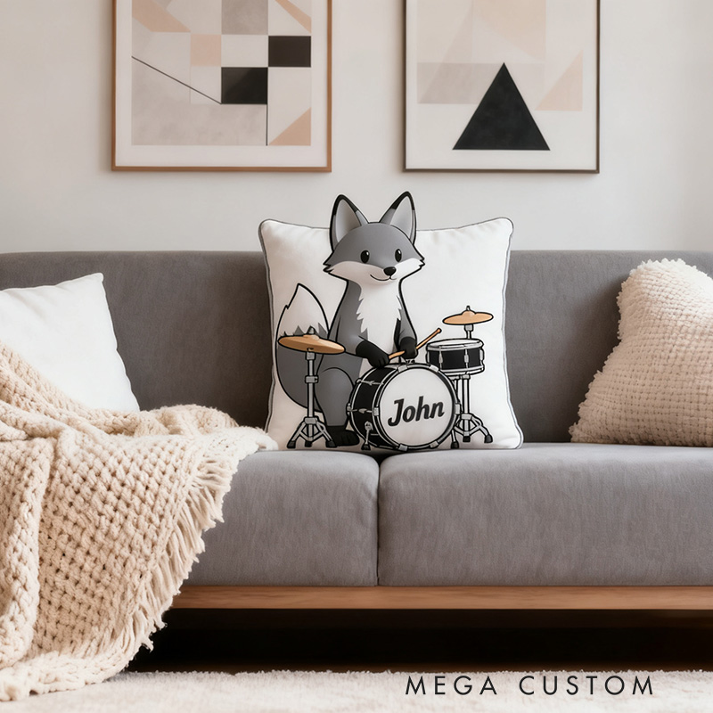 Personalized 3D Gray Fox & Mini Drum Set Pillow With Your Own Name Soft Stuffed Toy for Kids Unique Decorative Cushion for Boys' Room and Playroom