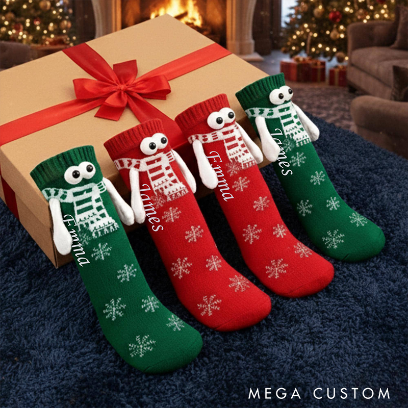 Personalized Couple Christmas Cute 3D Pop-out Eyes Socks Funny Magnetic Holding Hands Couple Socks Unique Gift Idea for couple